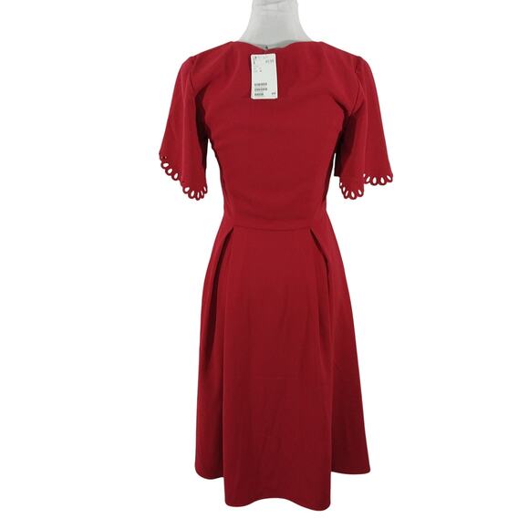 NWT@$50! H & M! ROUGE RED SCALLOPED/,LACE SLEEVE SHIFT STYLE MIDI DRESS! SZ 2 - Picture 5 of 11